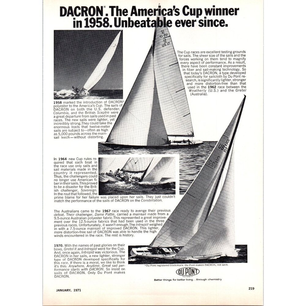 1971 Du Pont Dupont Dacron Sail Fabric America's Cup Vintage Print Ad Wall Art